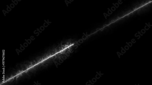 an abstract representation of an energy beam or light strike. A bright, glowing white line cutting diagonally across a solid black background. 