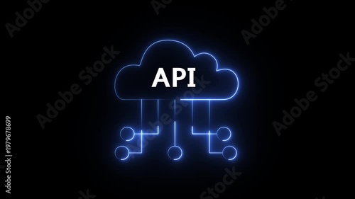 a graphic neon cloud representation of an Application Programming Interface (API), a set of rules and protocols that allow different software applications to communicate with each other. 