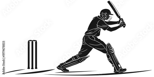 Cricket batsman preparing for a shot at the crease silhouette graphic of a batsman and cricket stumps cricketer silhouette cricketmatch professional competition exercise training