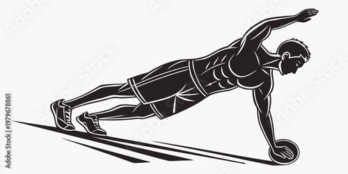Silhouette illustration of a muscular man performing a one-arm plank exercise on a weight plate or balance ball for core strength and bodyweight training on a white background with silhouette