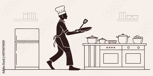 Silhouette of a professional chef in a uniform and toque carrying a plate and spatula in a modern kitchen setting illustration with silhouette restaurant professional culinary catering