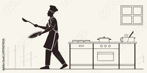 Professional chef walking in a restaurant kitchen holding a pan and spoon near a commercial stove and oven ready for cooking food service chef hat food preparation black and white culinary