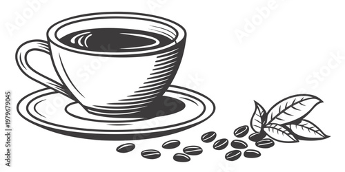 Cup of freshly brewed hot coffee on a saucer with raw coffee beans and green leaves symbolizing freshness and natural origin black coffee wake up still life coffee shop beverage espresso
