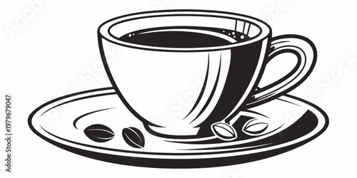 Cup of hot coffee on a ceramic saucer with whole roasted coffee beans scattered around capturing a classic beverage moment black coffee still life black and white coffee shop wake