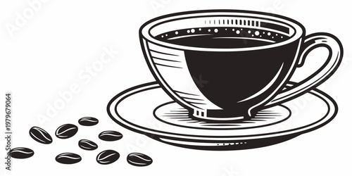 Black and white coffee cup with saucer and coffee beans illustration beverage caffeine espresso illustration monochrome breakfast isolated refreshment stimulant minimalist commodity
