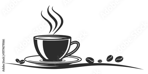 Steaming hot cup of coffee on a saucer with roasted coffee beans and a decorative swoosh element conveying warmth and flavor black coffee still life coffee shop wake up morning ritual