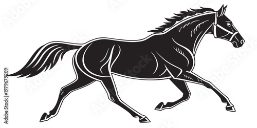 Graphic illustration of a black horse with bridle running galloping silhouette stallion equestrian strength movement isolated blackandwhite majestic spirited creature thoroughbred