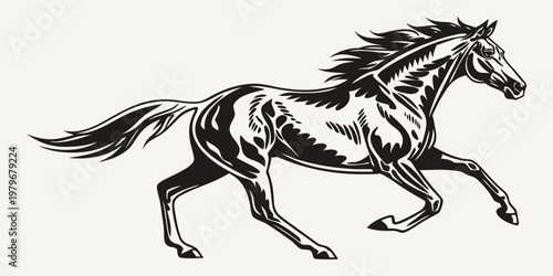 Stylized artistic graphic of a galloping horse with galloping artistic stylized blackandwhite stallion strength movement silhouette isolated majestic spirited creature thoroughbred