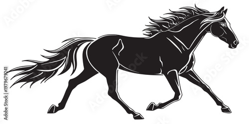 Silhouette illustration of a powerful horse galloping in profile with galloping silhouette stallion majestic powerful creature movement stylized monochrome graceful purebred adventure