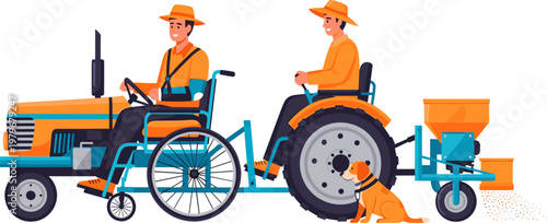 Inclusive Farming Icon Featuring Farmers Using Adaptive Equipment and Dogs for Agriculture, Accessibility, and Rural Lifestyle Design Projects
