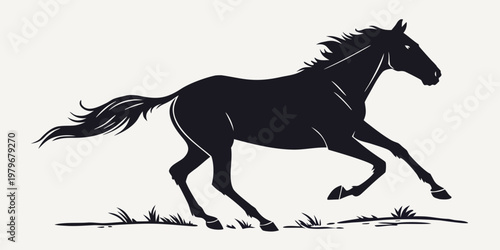Minimalist black and white vector silhouette of a horse running across grass with galloping silhouette stallion powerful movement graceful equestrian minimalist contrast illustration