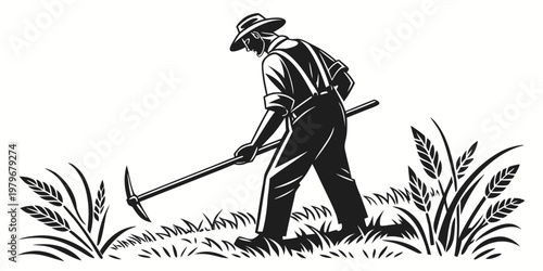 Illustration of a farmer in overalls working the land with a hoe agriculture cultivation gardening production agrarian silhouette countryside landscape illustration minimalist