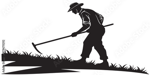 Silhouette illustration of a farmer holding a scythe working in the field with manual labor silhouette agriculture traditional landscape grassland lifestyle agrarian maintenance
