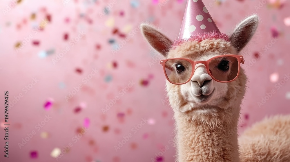 Obraz premium An adorable alpaca wearing oversized sunglasses and a festive party hat against a pink confetti backdrop, embodying joy and playfulness perfect for celebrations.