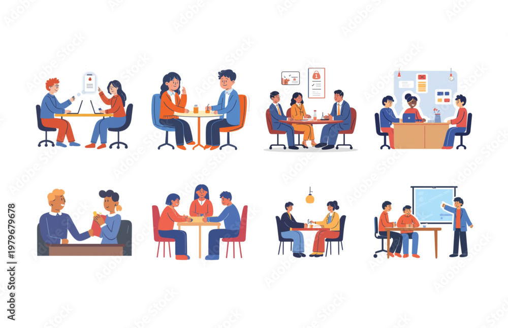 Fototapeta premium Business Team Meeting and Collaboration Flat Vector Illustration Set – Office Workplace Scenes Bundle