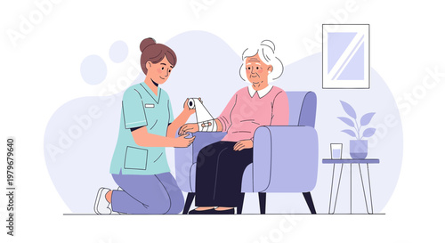 Nurse applying bandage to elderly woman's arm in a cozy living room setting