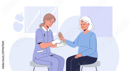 Nurse applying bandage to elderly woman's arm in clinic, healthcare concept