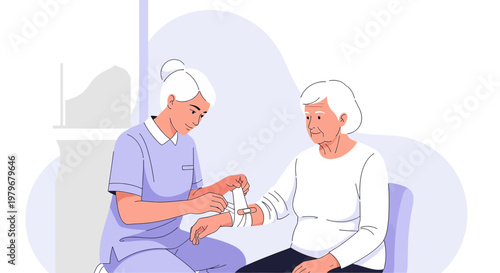 Nurse applying bandage to elderly woman's arm, healthcare, medical assistance, home care