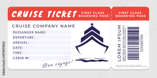 Cruise boarding pass template with ocean liner illustration, blank information fields, barcode and text. Vector template for cruise travel