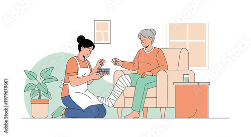 Nurse Applying Bandage to Elderly Woman's Leg After Surgery, Home Care