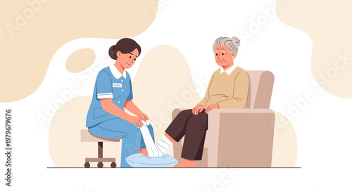 Nurse Applying Bandage to Elderly Woman's Leg in Home Care Setting