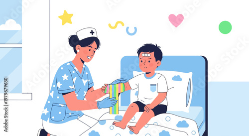 Nurse Applying Bandage to Injured Child in Hospital Bed