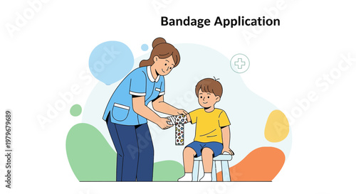 Nurse Applying Bandage to Injured Child's Arm, First Aid and Healthcare Concept