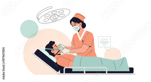 Nurse Administers Oxygen to Patient in Operating Room, Medical Care Concept