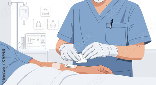 Nurse Applies Bandage to Patient's Arm After IV Insertion in Hospital Room