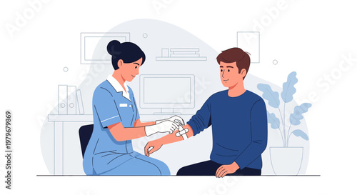 Nurse applies bandage to patient's arm in medical office, healthcare concept