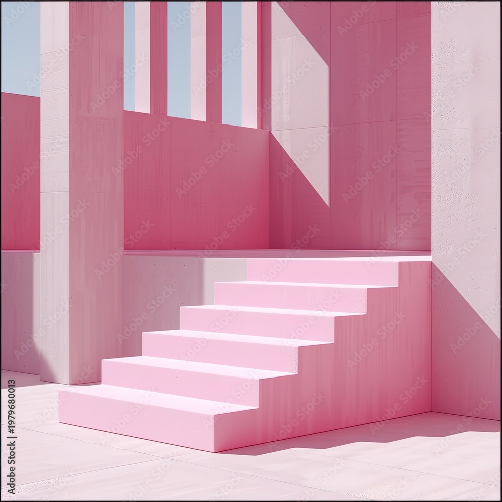 Obraz premium A minimalist pink staircase in a modern architectural setting with natural light