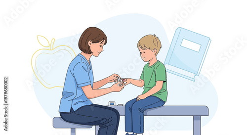 Nurse applying bandage to child's finger in clinic, medical check-up, healthcare concept