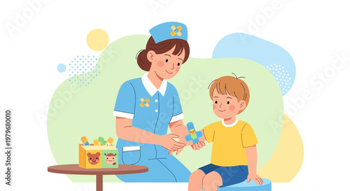 Nurse applying bandage to child's arm, medical care and kindness
