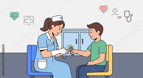 Nurse applying bandage to child's finger, medical icons in background