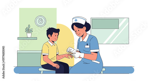 Nurse applying bandage to child's hand in clinic, healthcare concept