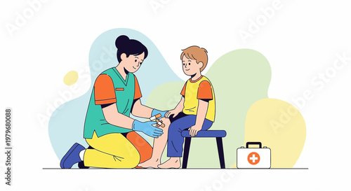 Nurse applying bandage to child's knee, first aid kit nearby