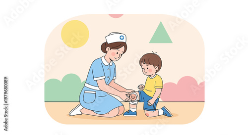 Nurse applying bandage to child's knee, healthcare, medical care, first aid, children's hospital