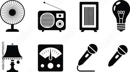 Home appliance and electronics icon set, vector collection featuring fan, radio, heater, light bulb, lamp, meter gauge, and microphones in flat and silhouette styles for household and audio equipment 