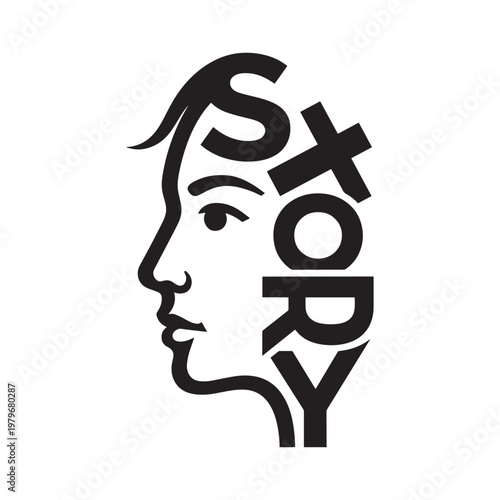 A black and white image of a person's head with the word story