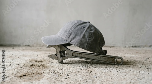 Raccoon Baseball Cap Sitting On A Wrench Against A Concrete Surface, Outdoors.
