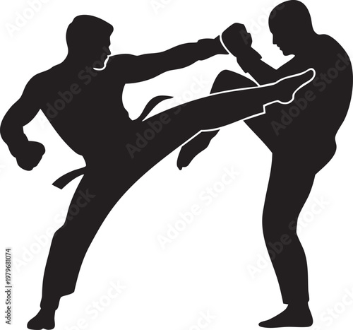 A dynamic black silhouette depicts two figures engaged in martial arts one executing a powerful roundhouse kick high quality professional detailed