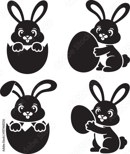 A charming illustration depicts four black bunnies interacting with large dark easter eggs in a playful scene high quality professional detailed
