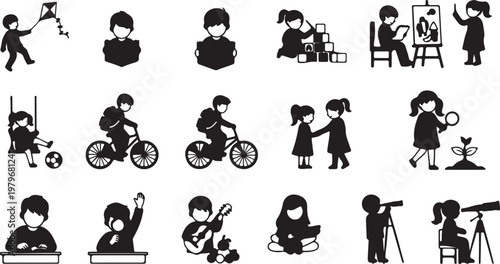 A collection of diverse illustrations showing energetic children playing soccer, practicing skills, scoring goals, and celebrating youth sports teamwork.