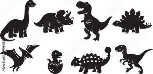 A collection of stylized black silhouettes depicting various dinosaur species and a prehistoric landscape high quality professional detailed modern elegant stylish