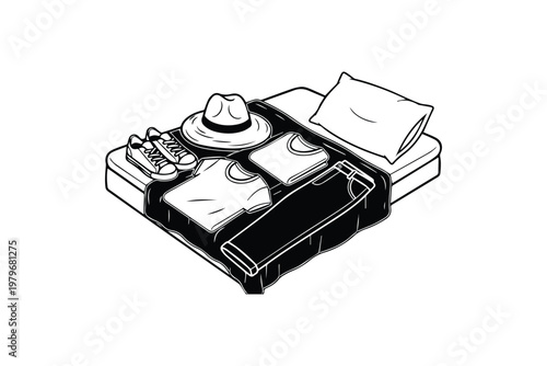 Open Suitcase on Bed with Clothes and Travel Essentials – Packing Preparation Illustration for Vacation Planning, Tourism, and Lifestyle Content