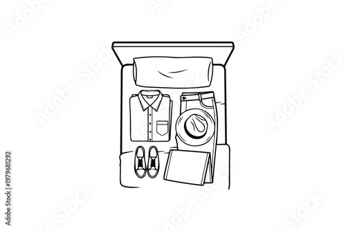 Open Suitcase on Bed with Clothes and Travel Essentials – Packing Preparation Illustration for Vacation Planning, Tourism, and Lifestyle Content