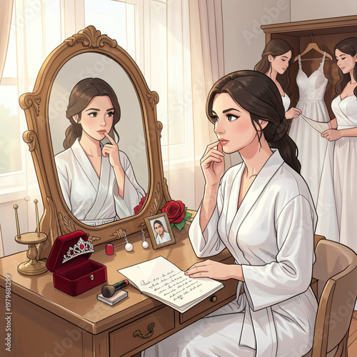 Wedding Morning Scene – Thoughtful Bride Reading Letter at Vanity Mirror
