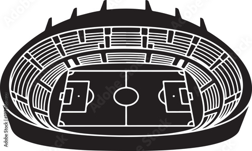 Soccer stadium vector icon, black and white football arena silhouette, sports field with grandstands and pitch