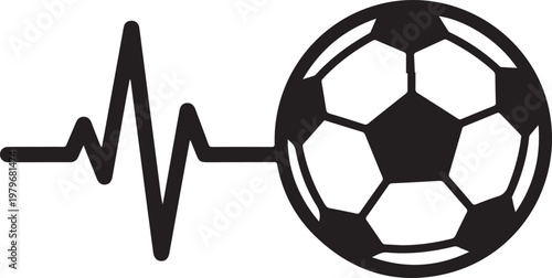 Soccer heartbeat vector icon, football pulse line graphic, minimalist sports life concept, black and white logo