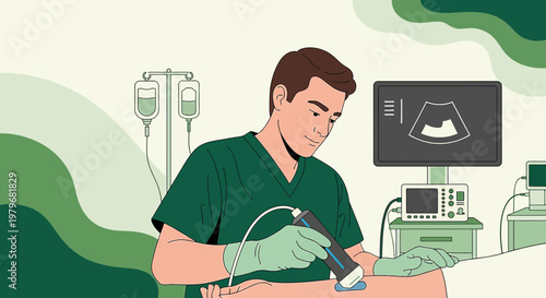 Sonographer performs ultrasound on patient's arm, medical equipment in background